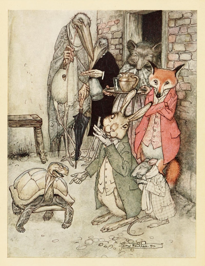 “The Tortoise and the Hare”, from an edition of Aesop’s Fables illustrated by Arthur Rackham, 1912