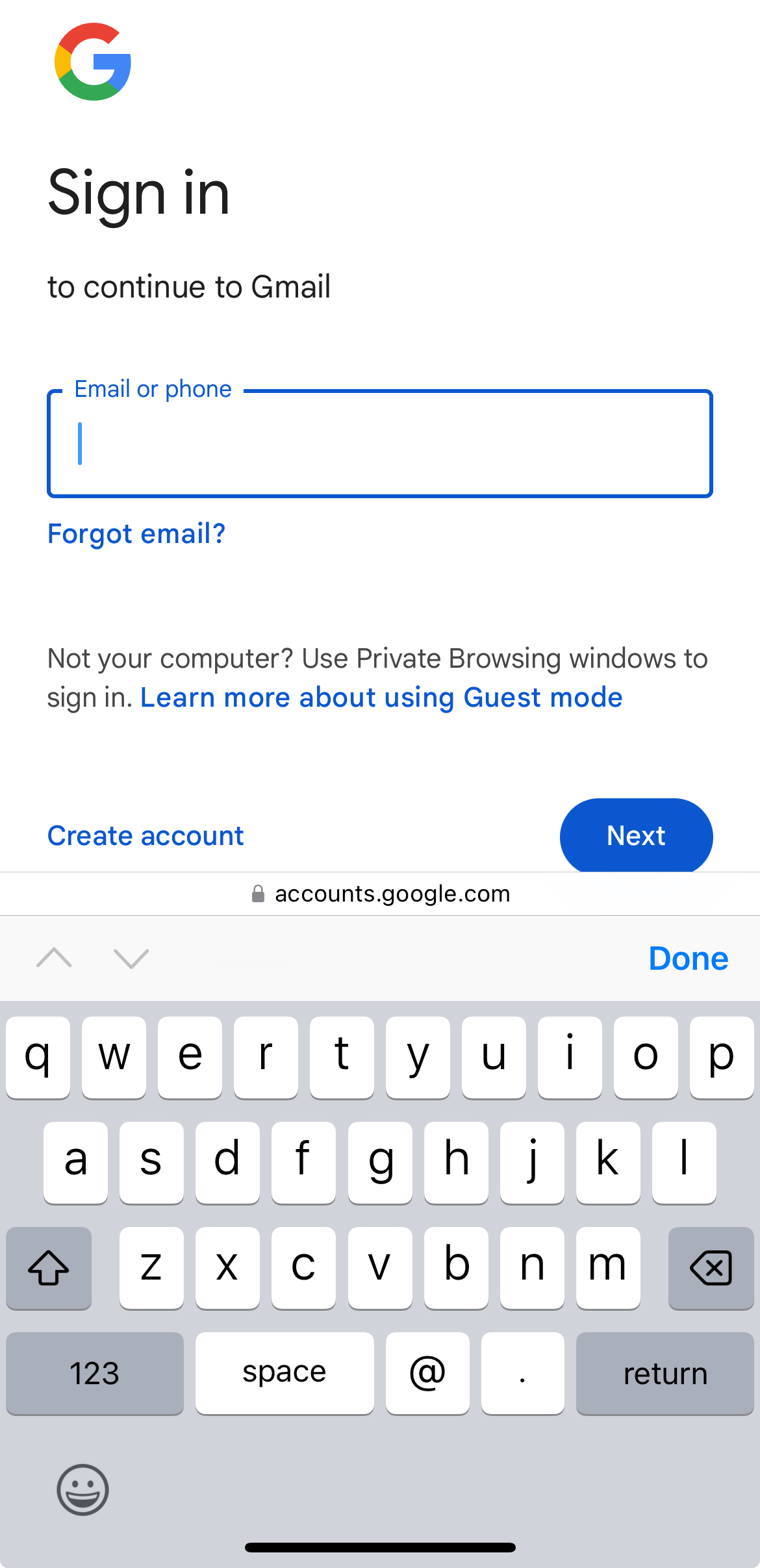 Screenshot of the Google sign-in page in Safari. The page has a single “Email or phone” field. The standard text insertion keyboard is present.